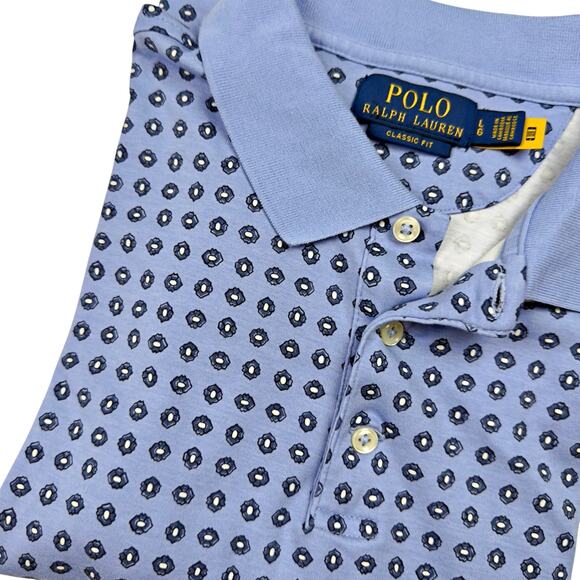 Polo Ralph Lauren Mens LRG Blue Flower Dot Geo All Over Print Classic Fit Shirt - Picture 1 of 7